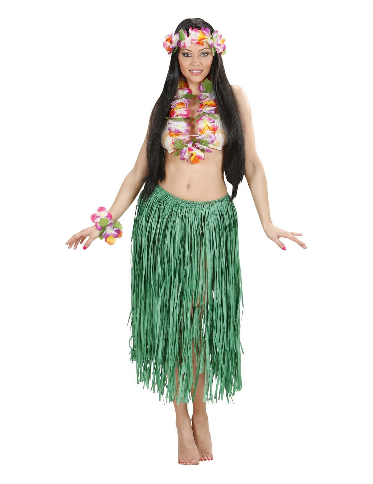 Set hawaï à fleurs pour adulte vert avec jupe longue