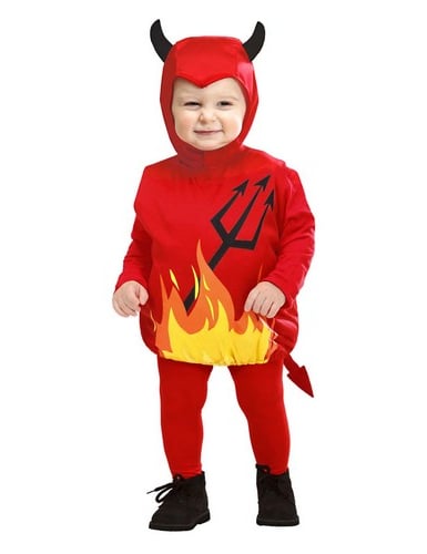 Déguisement de diablotin pour bébé rouge avec flammes et fourche imprimées