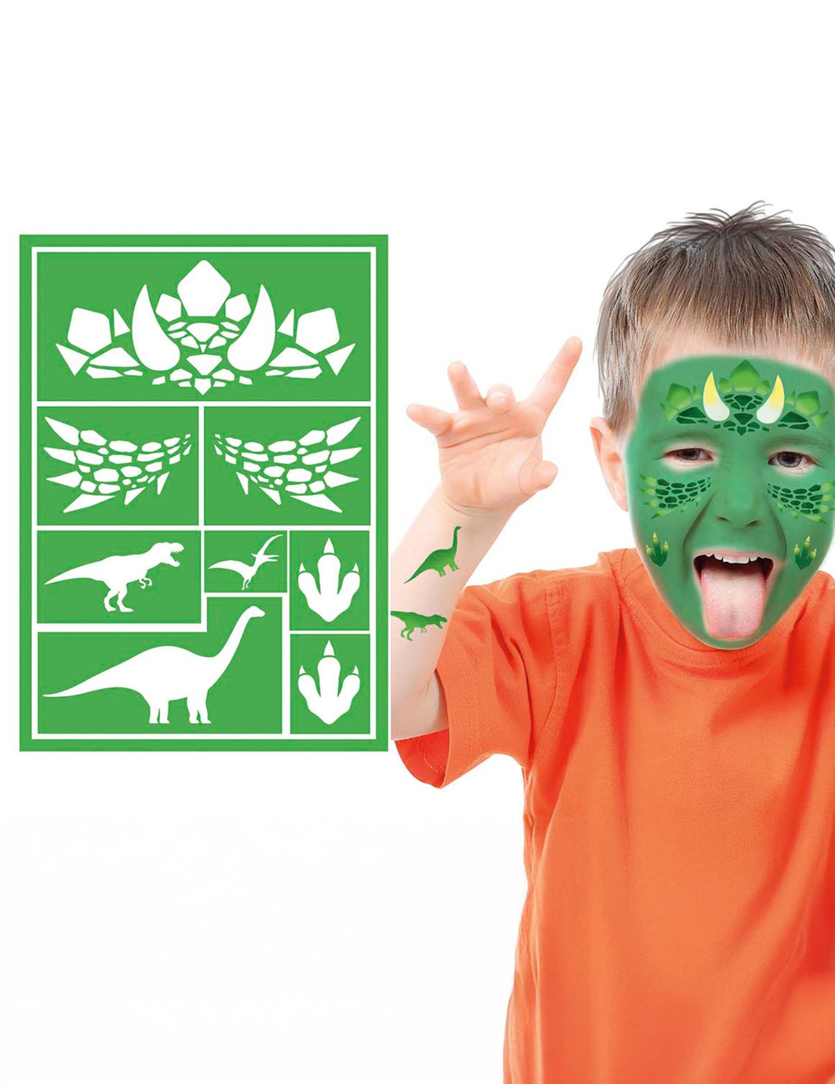 Pochoir de maquillage dinosaure pour enfant vert avec divers motifs