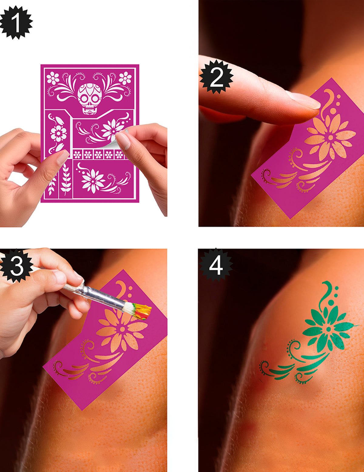Étapes d'utilisation des pochoirs de maquillage Dia de los muertos pour enfant