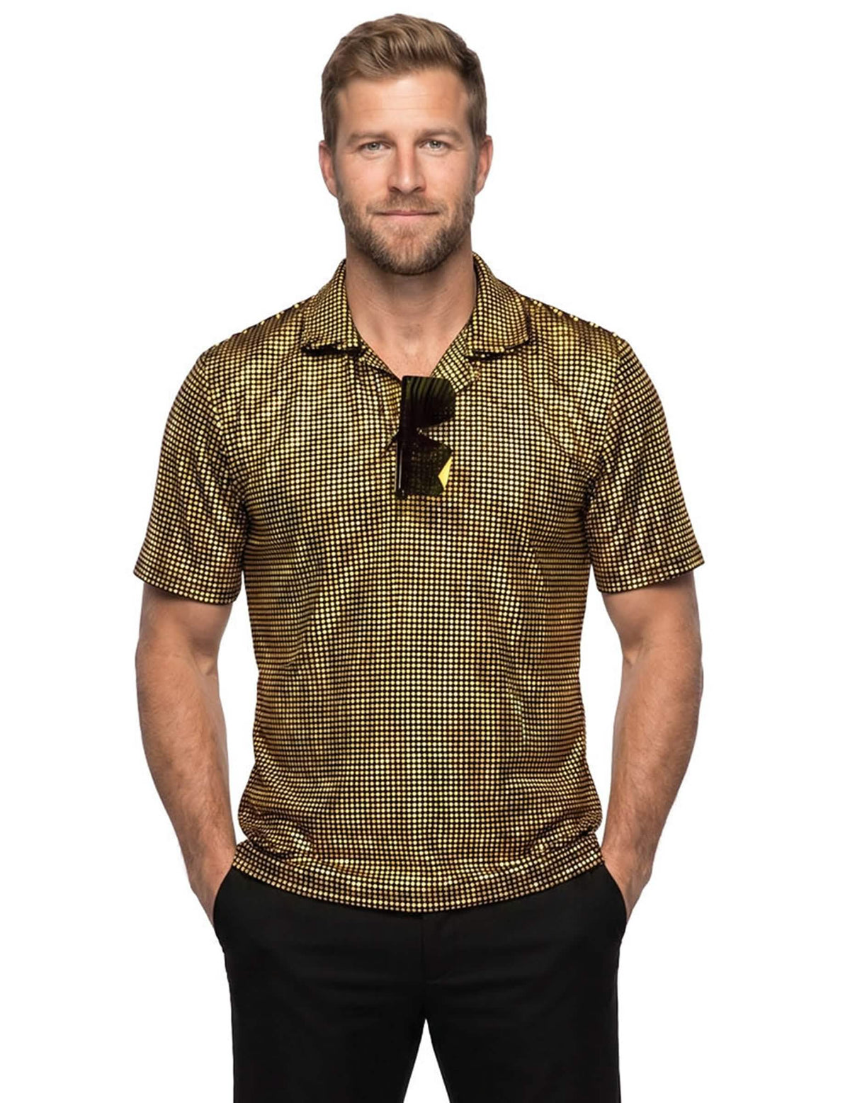 Polo disco de lantejoulas douradas de luxo para homem
