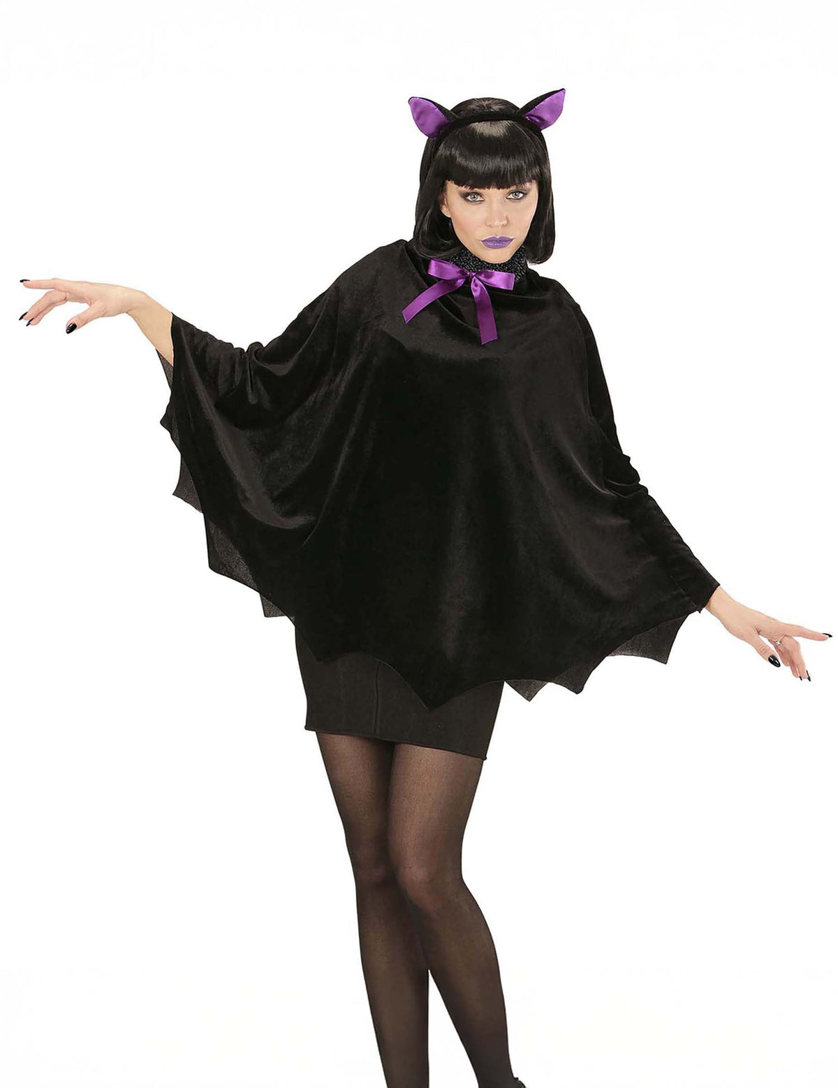 Poncho chauve souris pour femme noir avec serre-tête et nœud violets