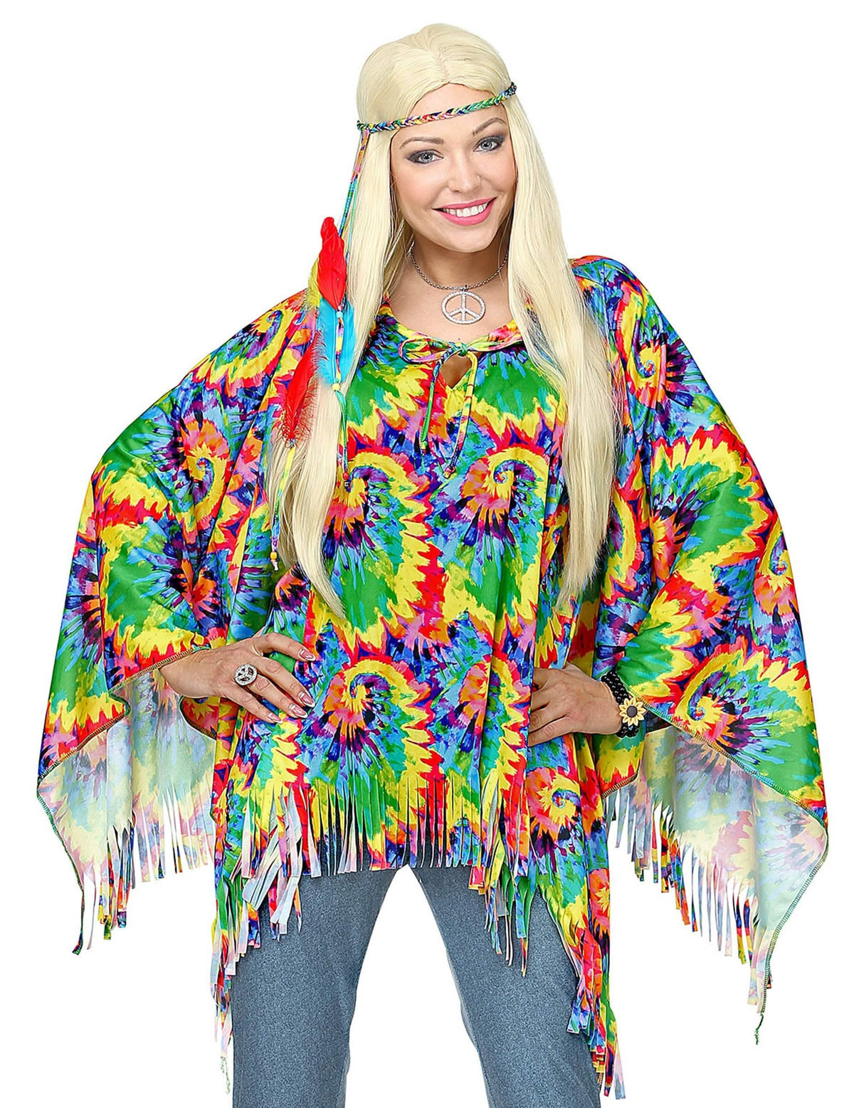 Poncho e bandolete hippie psicadélica para adulto multicores com franjas