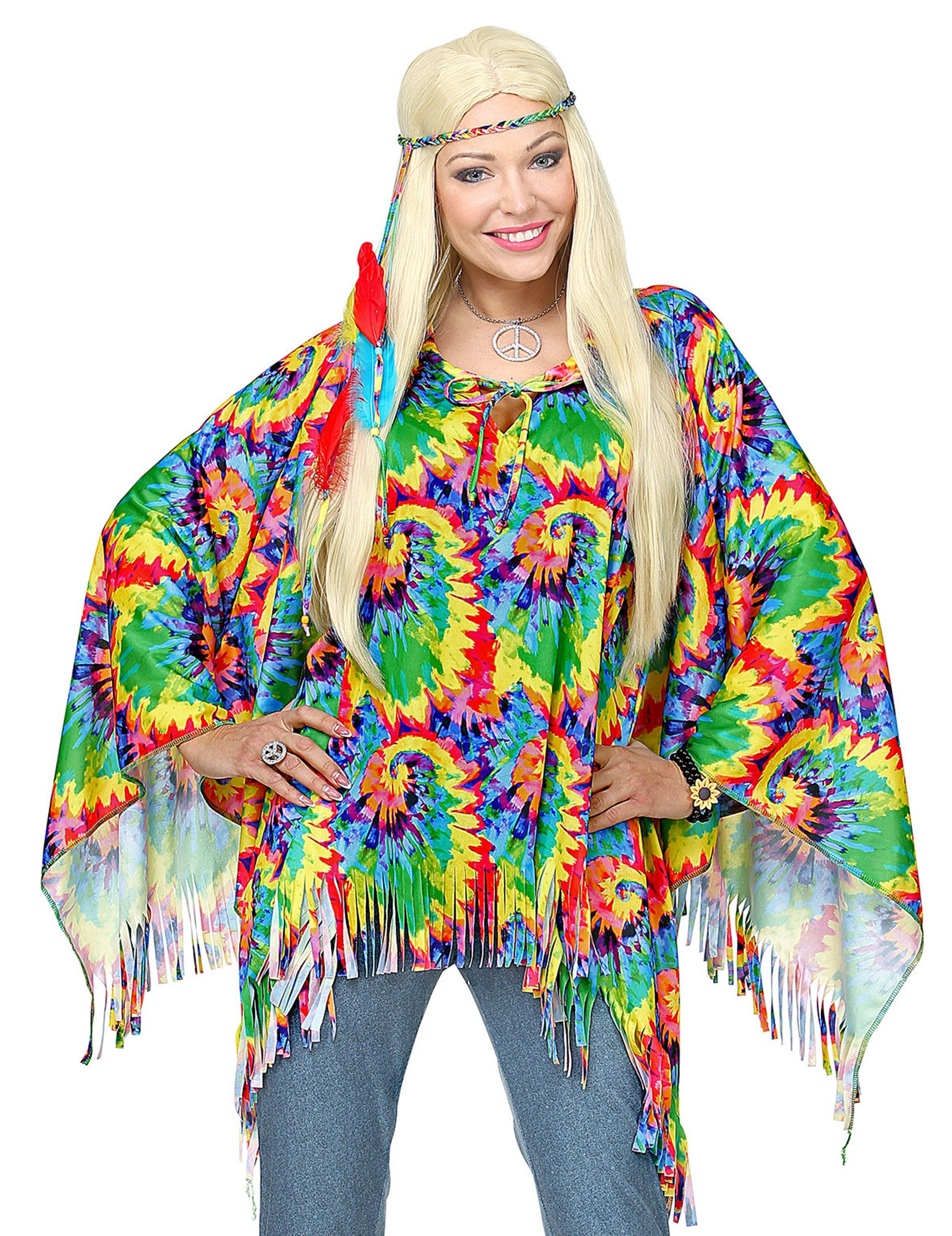 Poncho et tour de tête hippie psychédélique pour adulte multicolore à franges