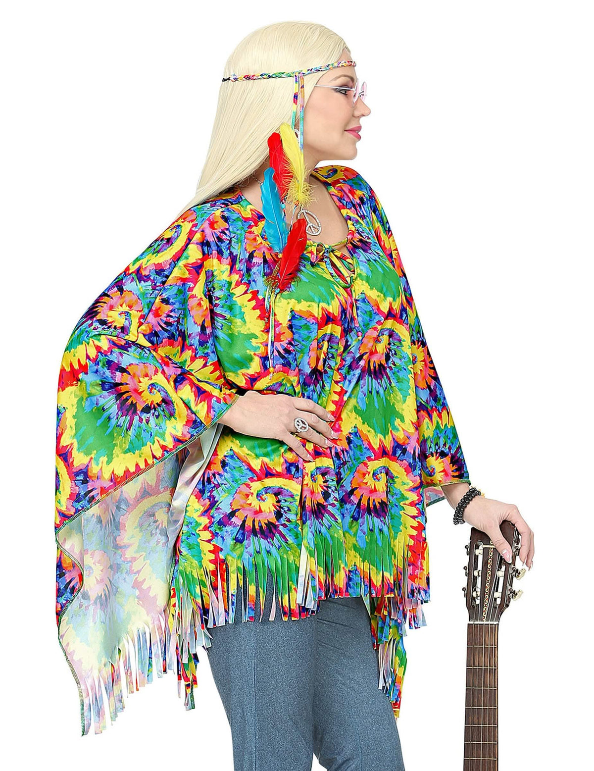 Vista de perfil do poncho e da faixa para a cabeça hippie psicadélica