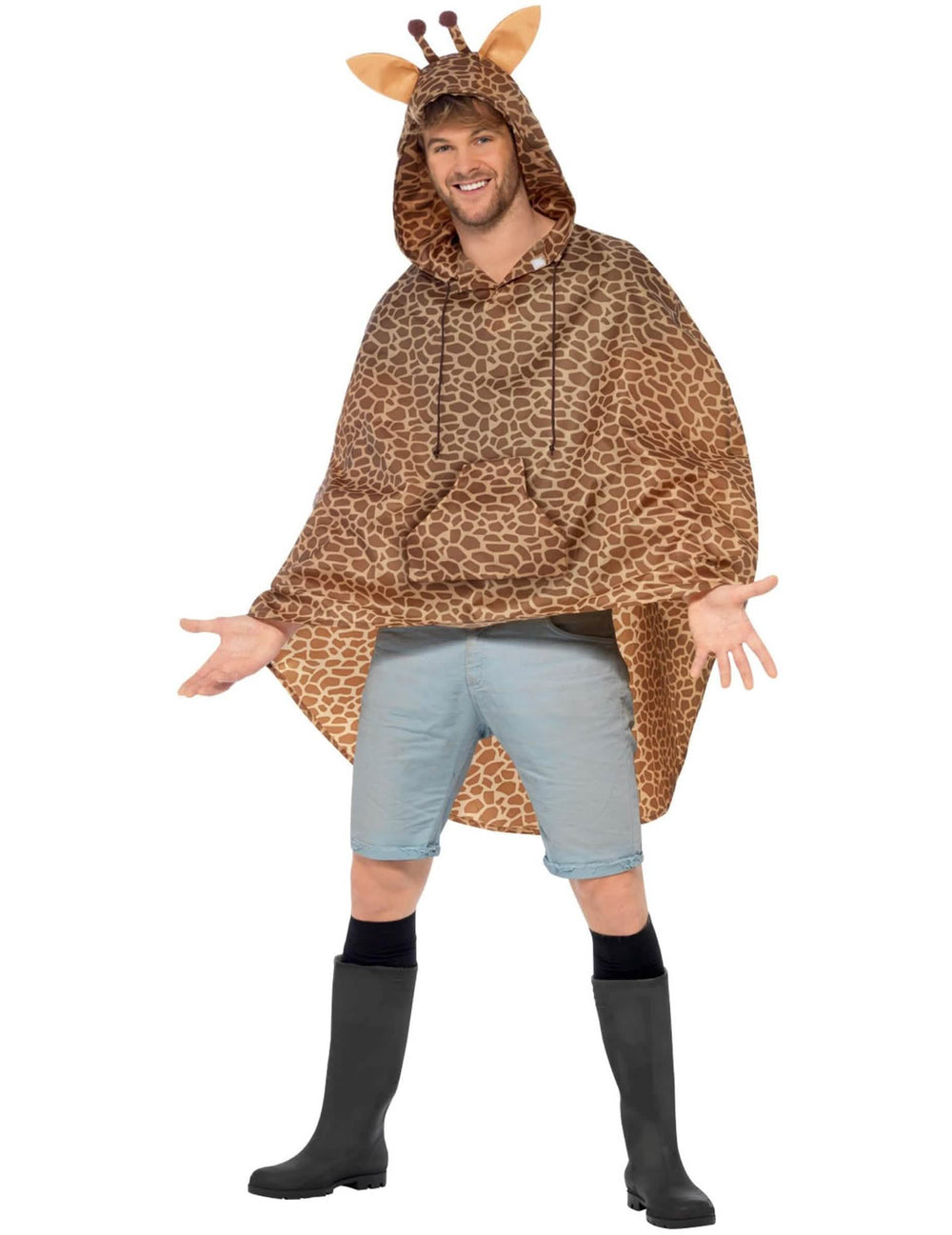 Vista frontal do poncho de girafa para adulto