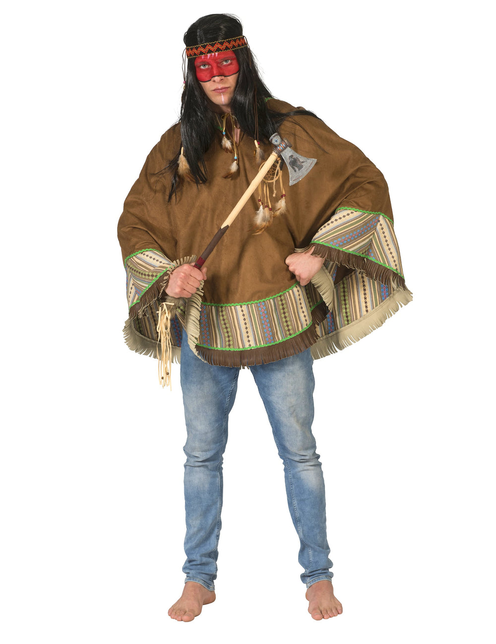 Poncho indien luxe pour adulte marron avec motifs ethniques et franges