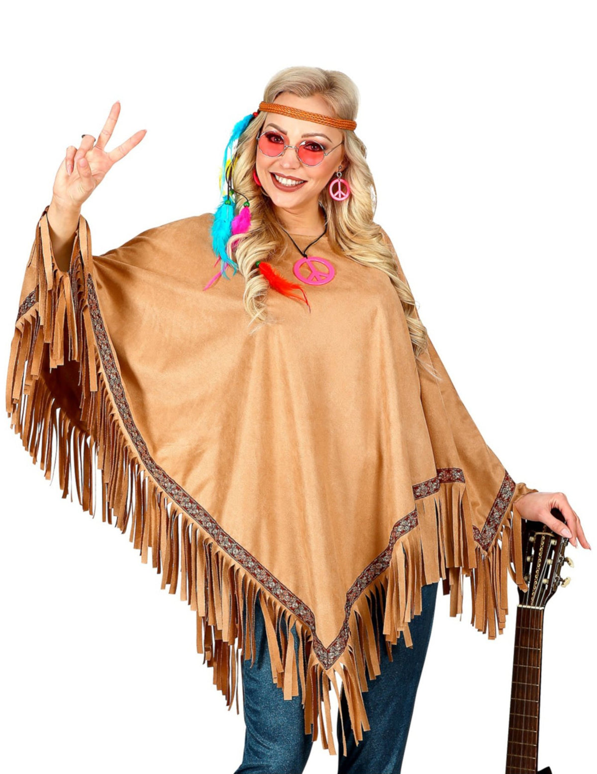 Poncho luxe indien pour adulte marron avec franges et liseré ethnique