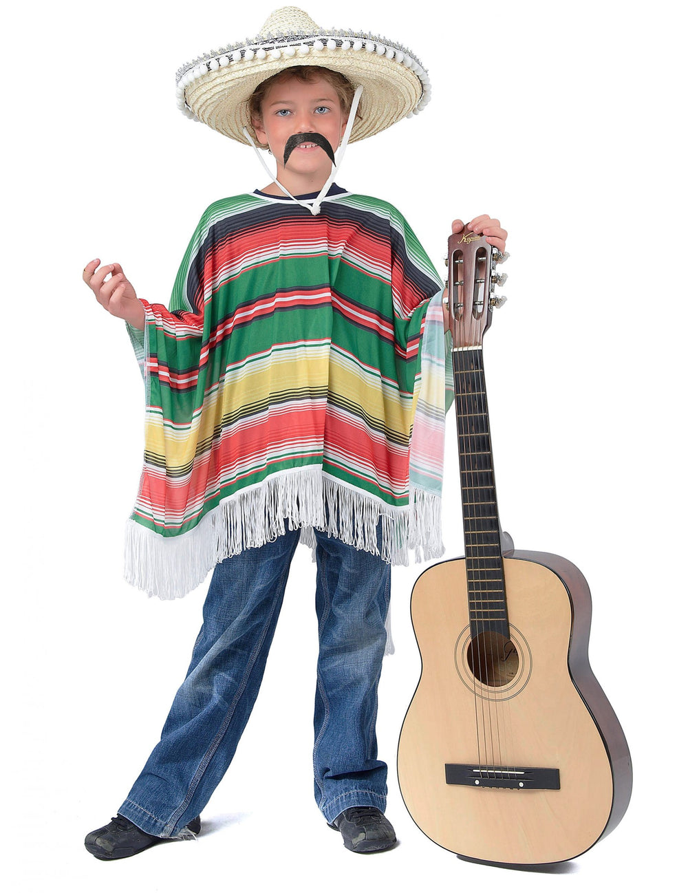 Poncho mexicain pour enfant multicolore à rayures avec franges blanches