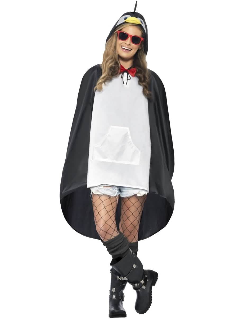 Poncho pinguim para adulto black and white com capuz e nœud papillon vermelho