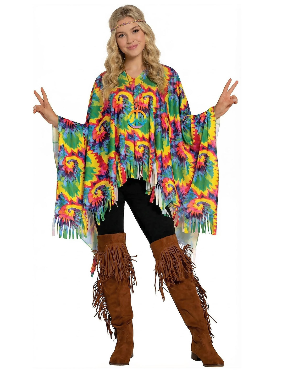 Poncho tie and dye pour adulte multicolore à franges