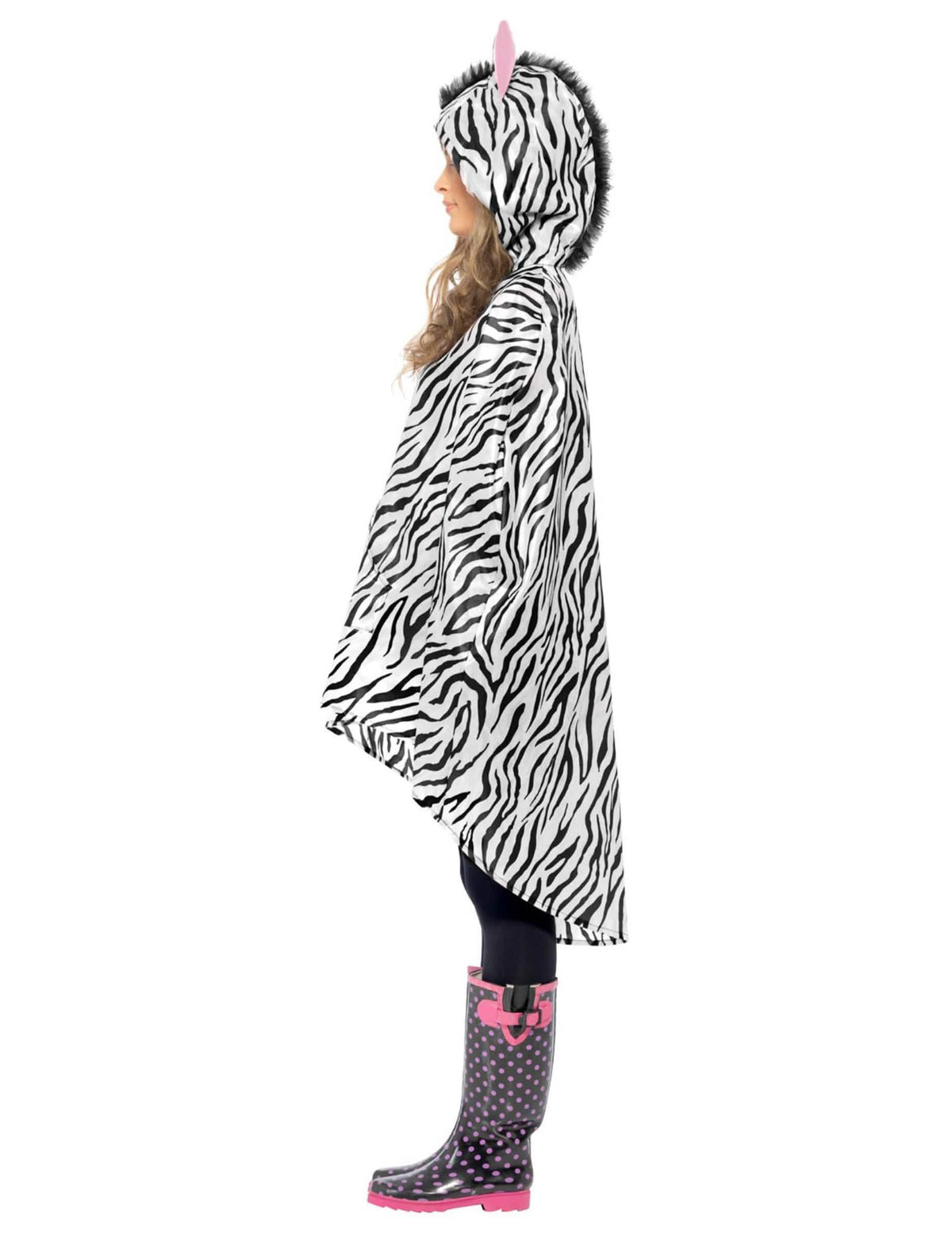Vista de perfil do poncho zebra para adulto