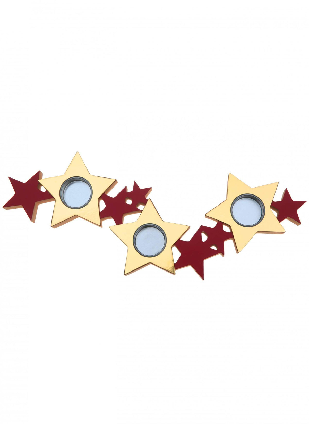 Porta-velas estrelas para decoração de natal vermelho e dourado em madeira e metal