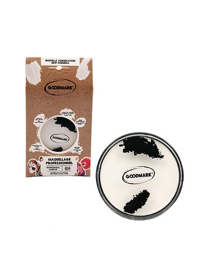 Vue de face du packaging et du produit du pot de maquillage professionnel à l'eau pour adulte et enfant blanc