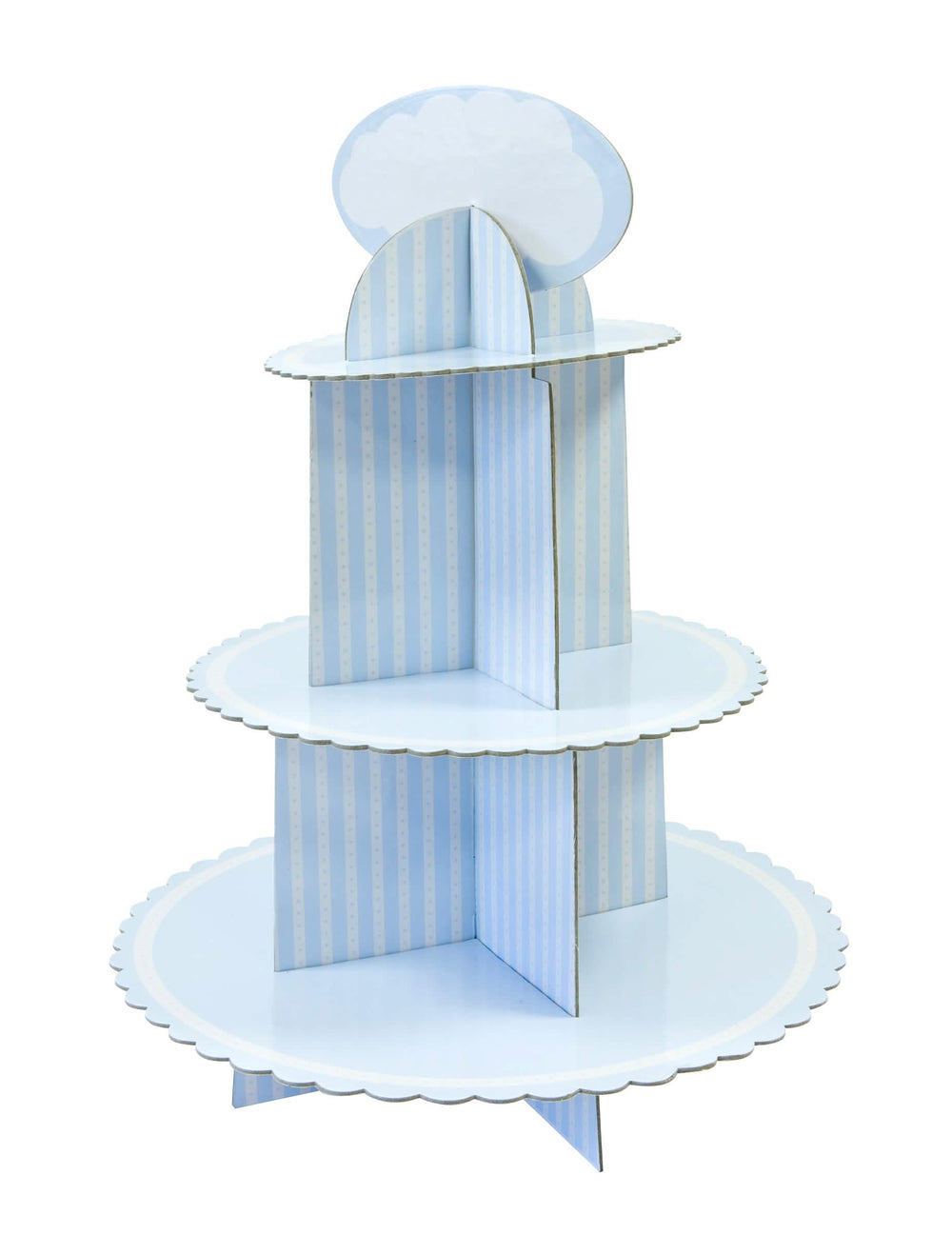 Suporte para cupcake em cartão para baby shower azul e branco às riscas