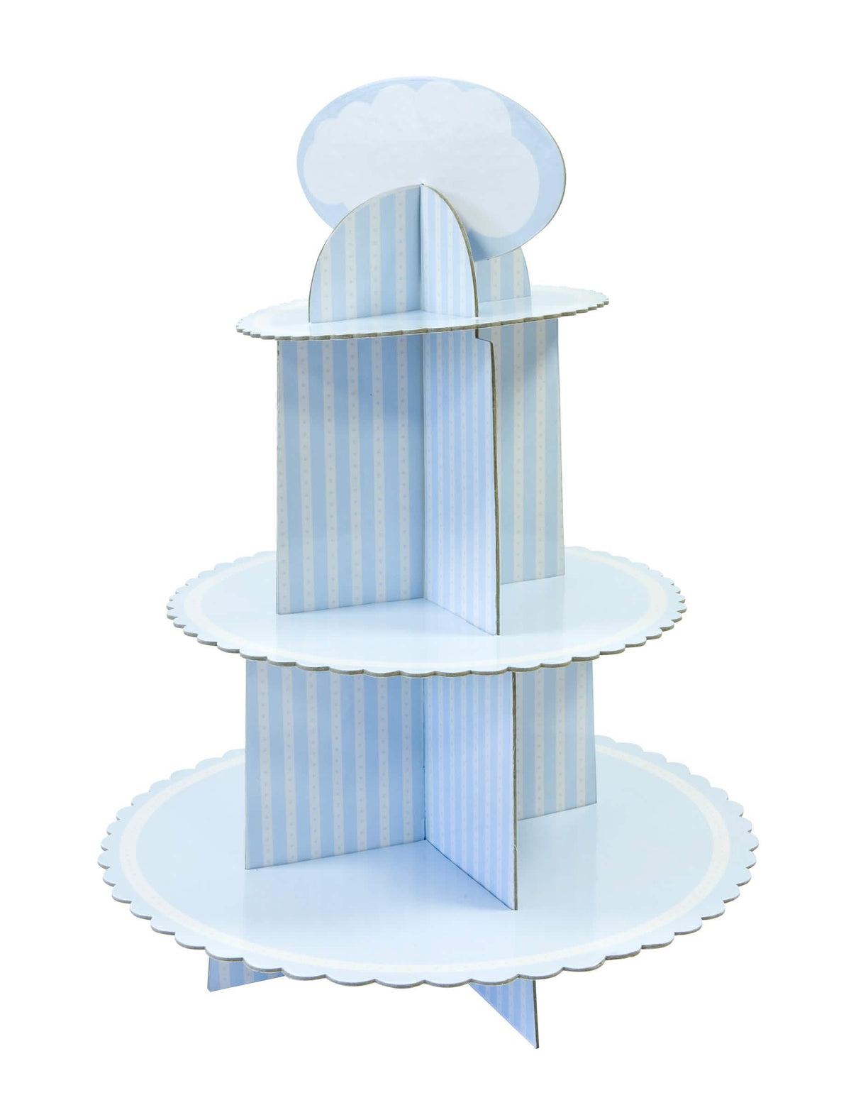 Suporte para cupcake em cartão para baby shower azul e branco às riscas