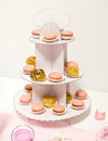 Présentoir à cupcake en carton pour anniversaire blanc et rose à rayures