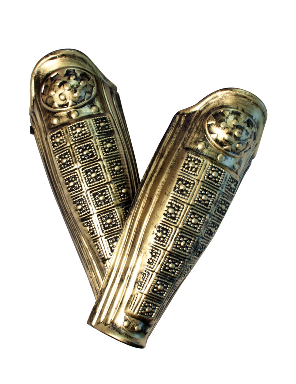 Protections jambes de guerrier romain pour adulte dorées aspect vieilli