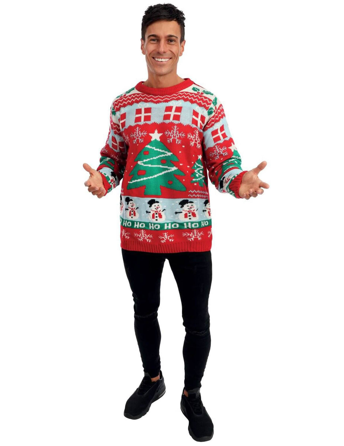 Camisola de natal com árvores de natal para adulto vermelho com padrões de bonecos de neve