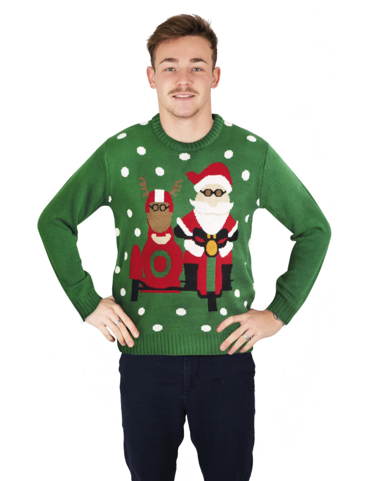 Pull de Noël Père Noël motard pour homme vert avec motif renne