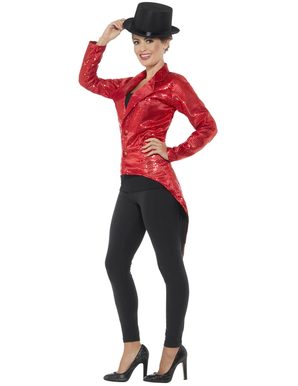 Vista de perfil do fraque com lantejoulas para mulher vermelho
