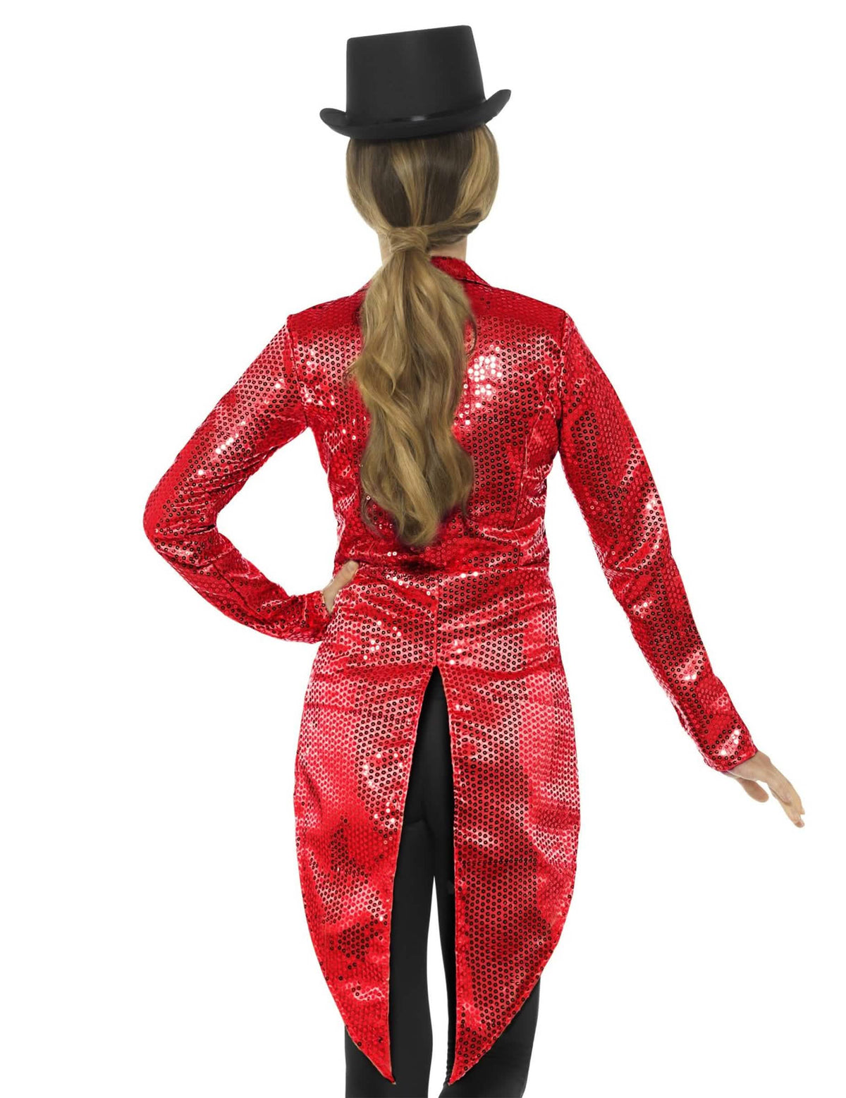 Vista traseira da cauda de fraque com lantejoulas para mulher vermelho