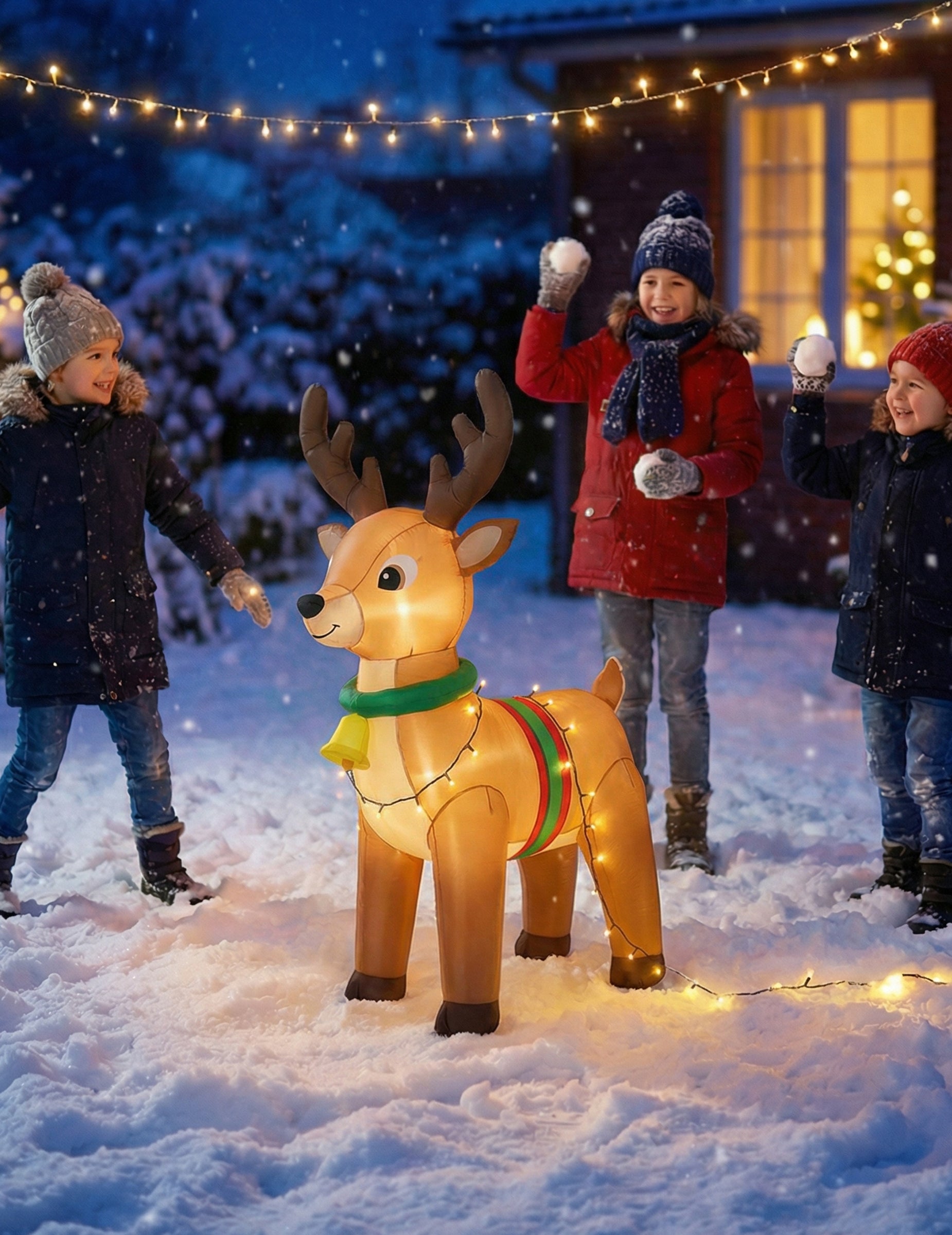 Renne du Père Noël gonflable et lumineux pour décoration de jardin marron avec collier vert et grelot jaune