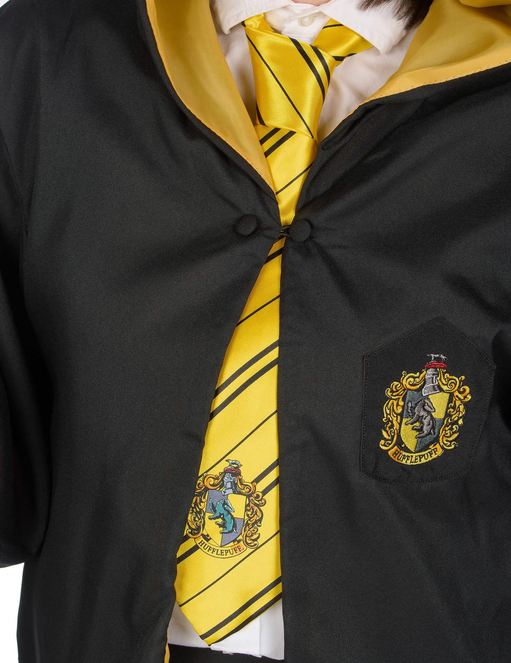 Detalhe da gravata e do escudo da Réplique luxo robe de sorcier Poufsouffle