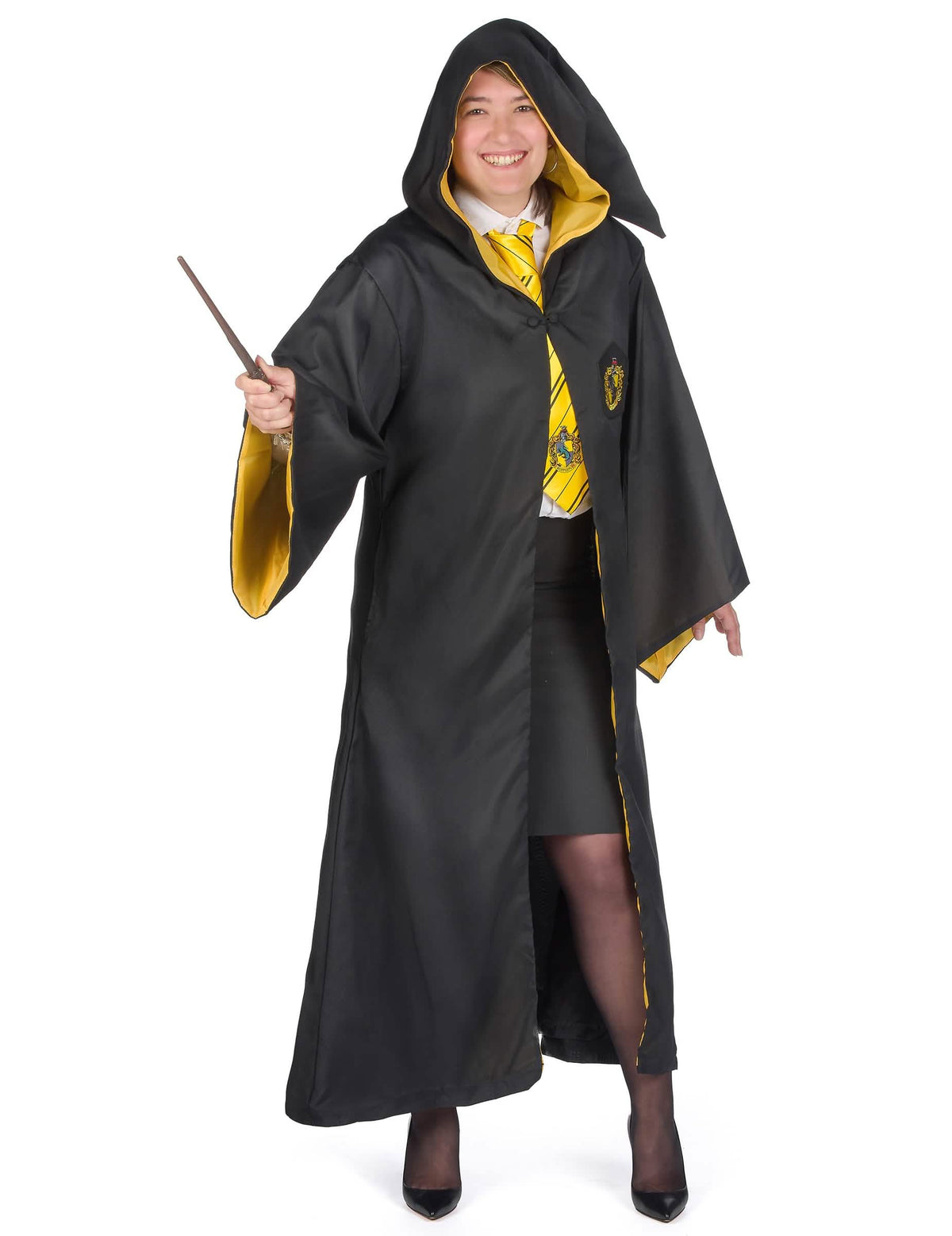 Vista frontal com varinha da Réplica luxo robe de feiticeiro Lufa-Lufa