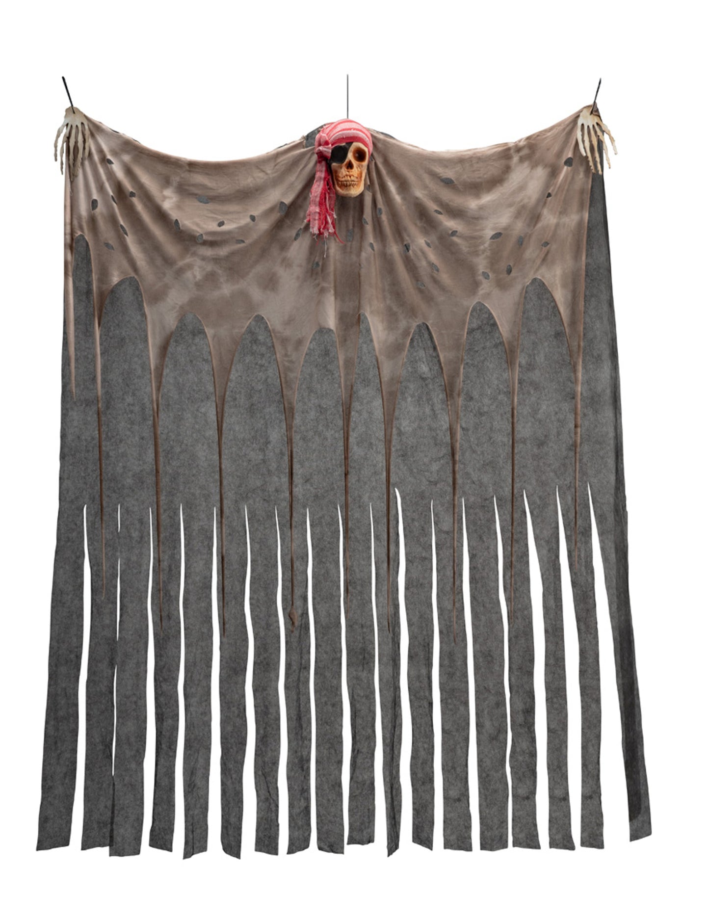 Rideau avec crâne pirate gris et marron avec bandana rouge et mains squelettes