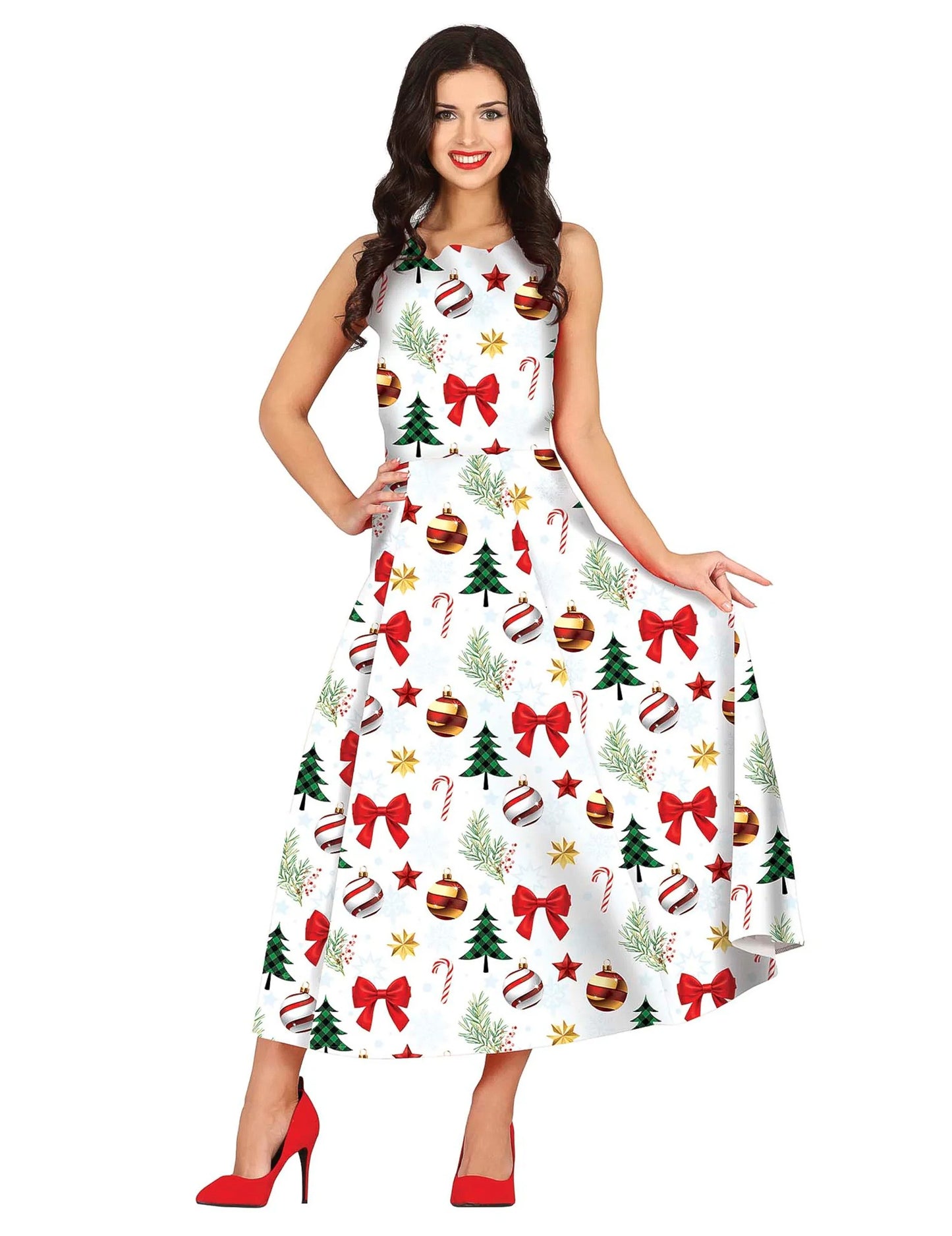 Robe longue de Noël pour femme blanche à motifs de sapins et nœuds rouges