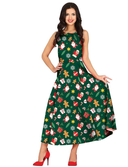 Vue de face de la robe longue à motifs Noël pour femme