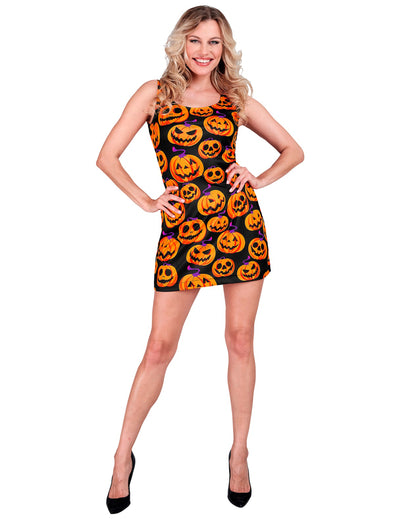 Vestido preto com padrões de abóboras para mulher