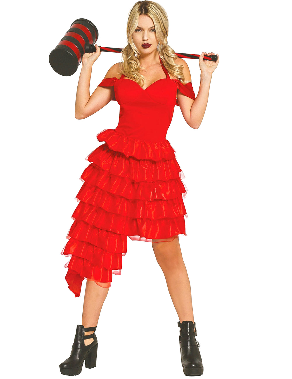 Robe d'arlequin fou pour adolescente rouge à volants asymétriques