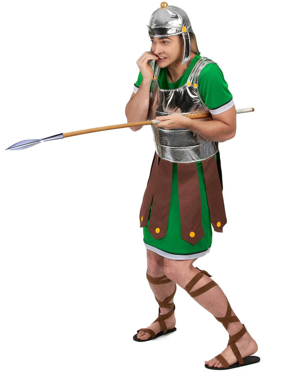 Déguisement de légionnaire romain pour homme vert et argenté avec casque et lance