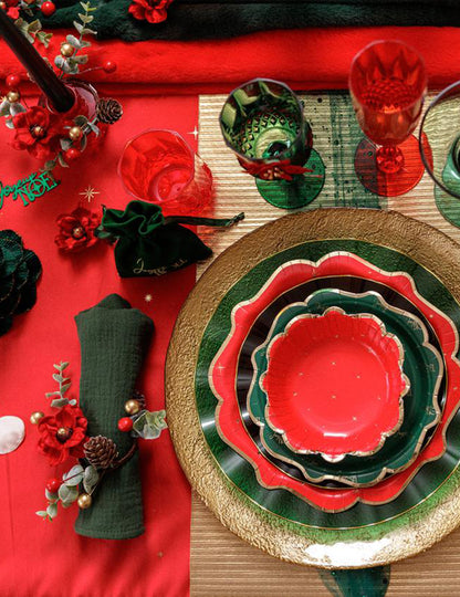 Porta-guardanapo Elegance veludo vermelho verde e dourado 13 cm