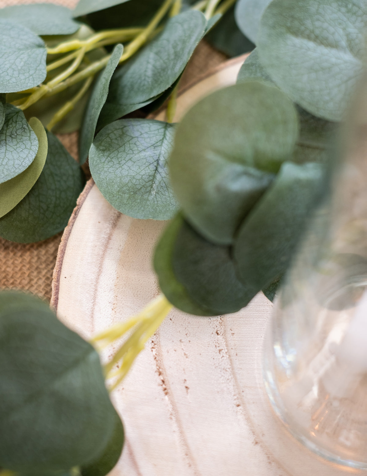 Gros plan sur les feuilles d'eucalyptus du rondin de bois naturel pour centre de table