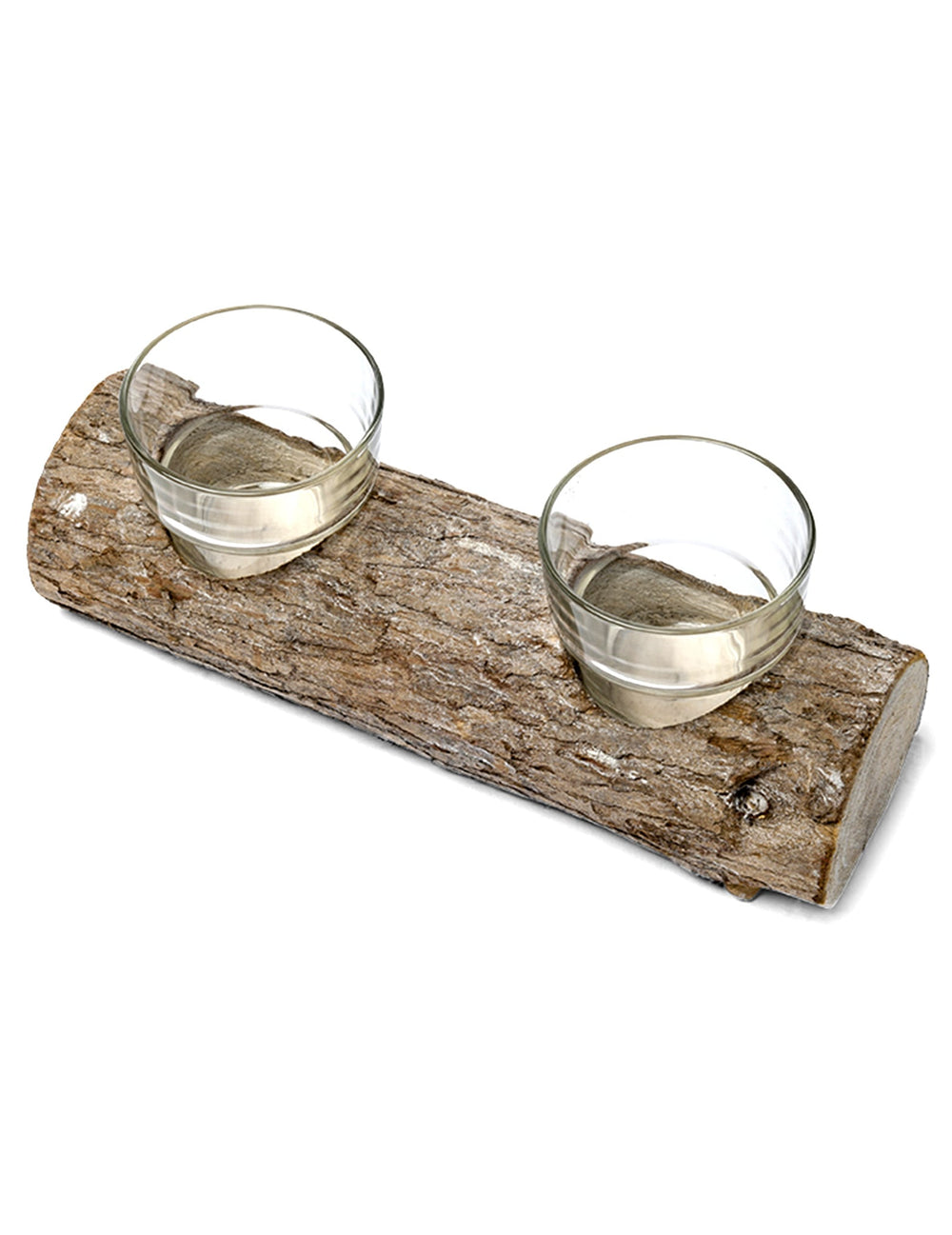 Bougeoir rondin de bois pour décoration de fête marron avec deux verres