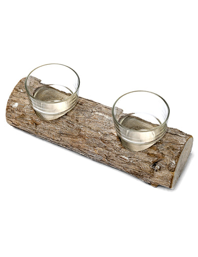 Bougeoir rondin de bois pour décoration de fête marron avec deux verres