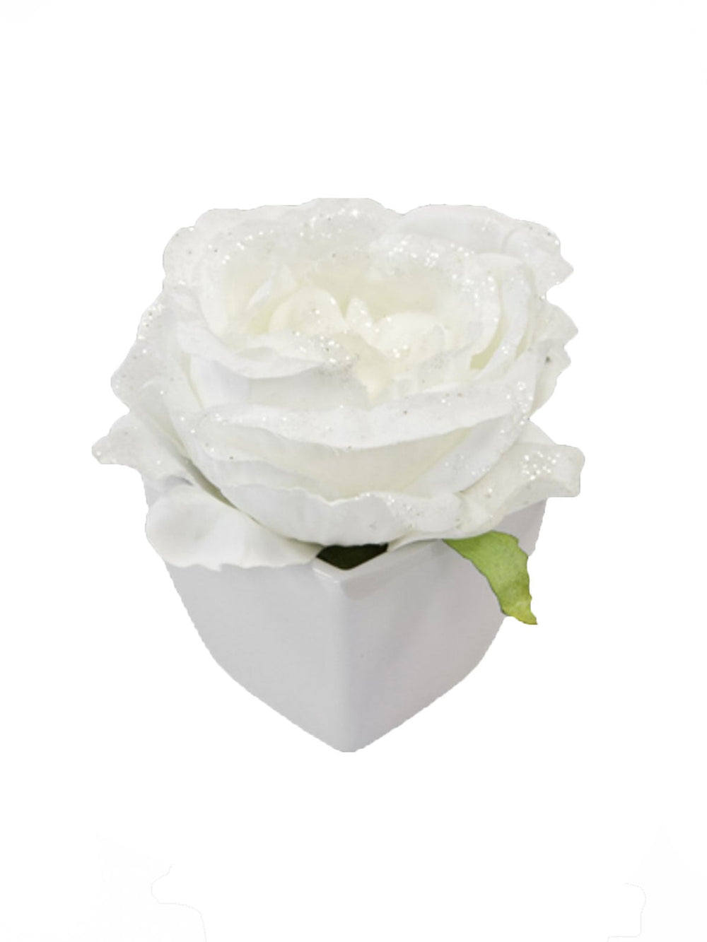 Rose artificielle blanche pailletée pour fête avec pot blanc