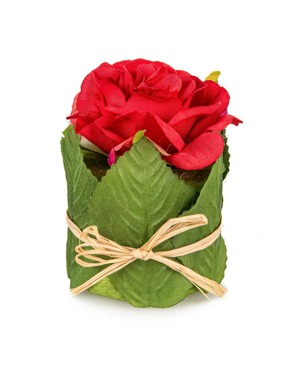 cor de rosa dans un pot em folhagem para casamento vermelho com laço em ráfia