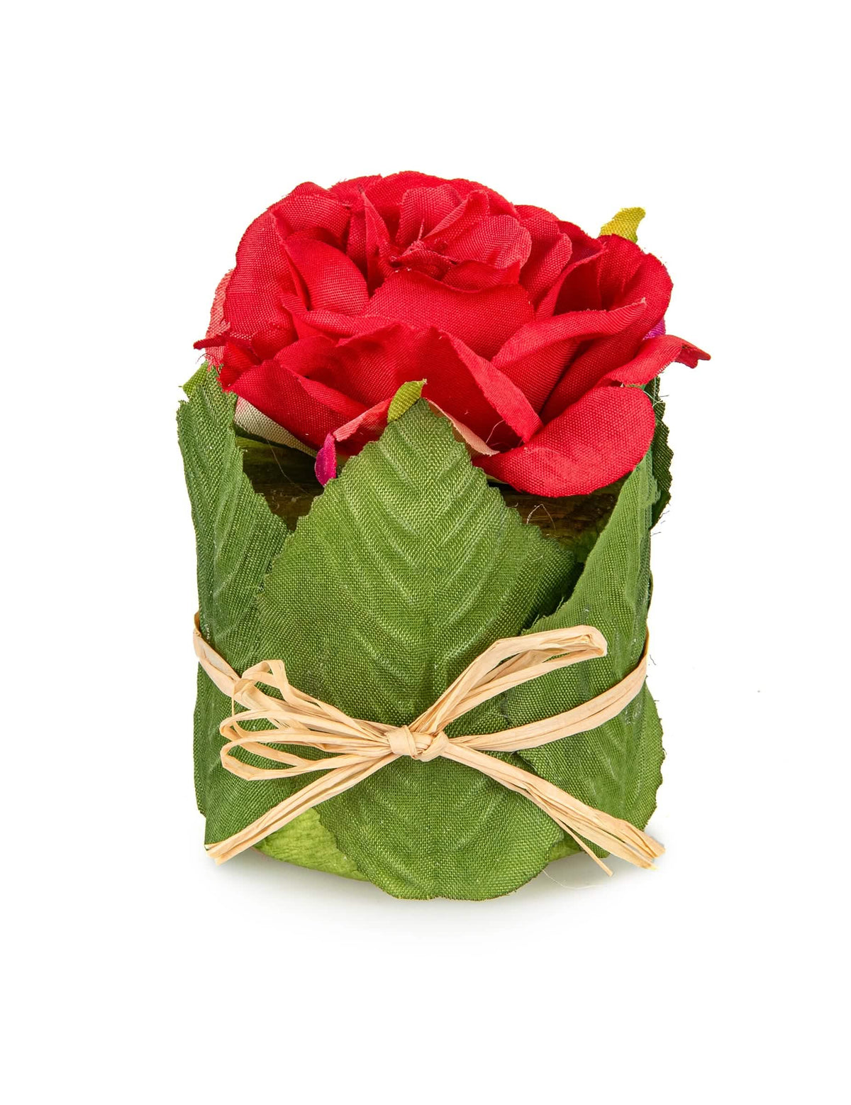 cor de rosa dans un pot em folhagem para casamento vermelho com laço em ráfia