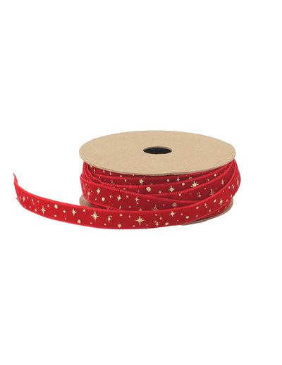 Fita com estrelas veludo vermelho e dourado 1 cm x 3 m