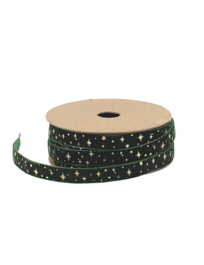 Fita com estrelas veludo verde escuro e dourado 1 cm x 3 m