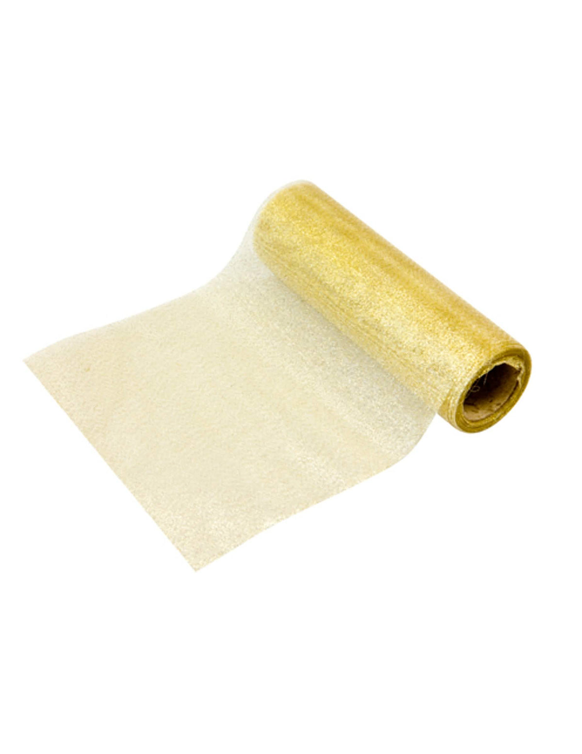 Fita metalizada em tule fino com brilho dourado