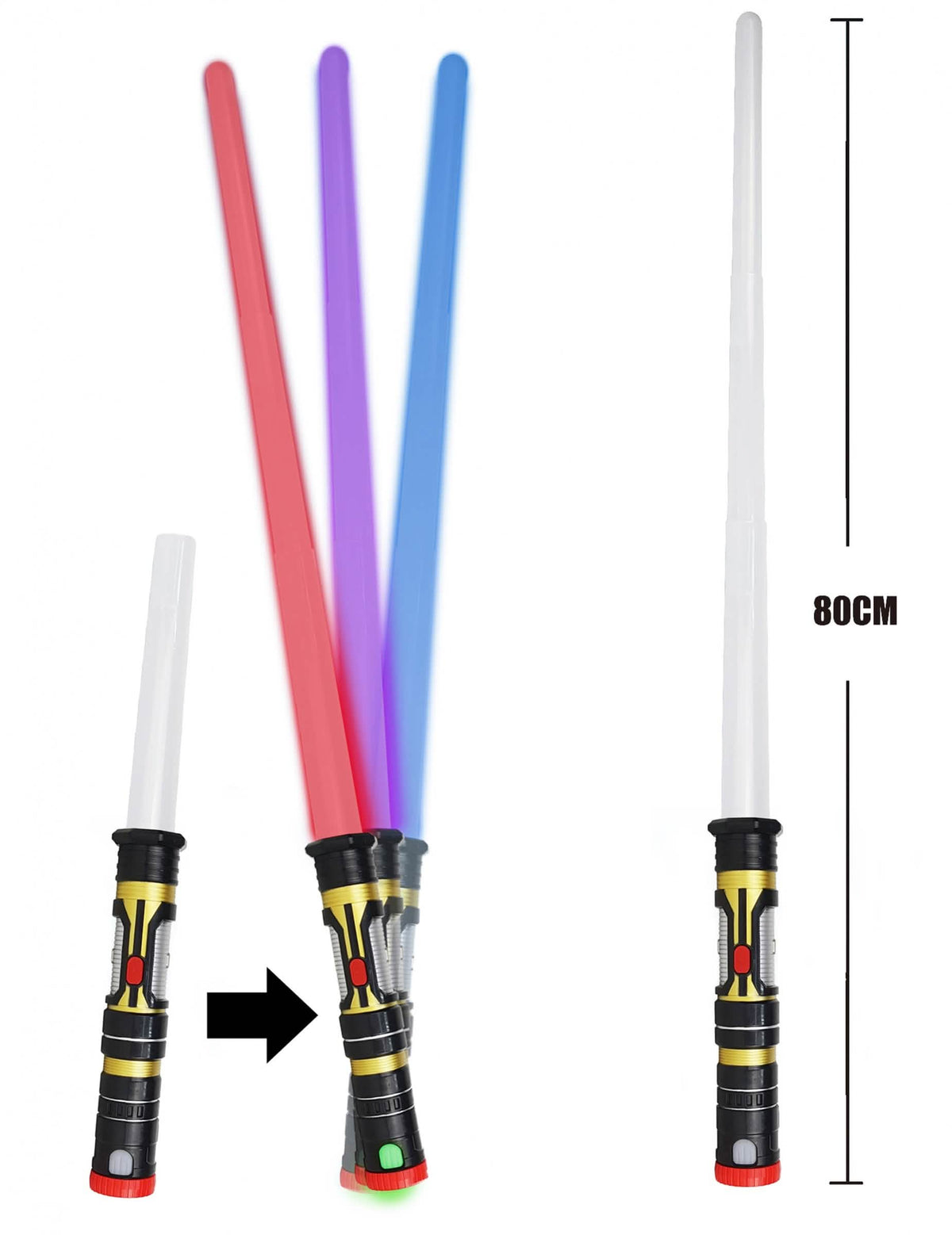 Detalhe do sistema retrátil e das cores do sabre de luz luminoso retrátil 3 em 1 para criança