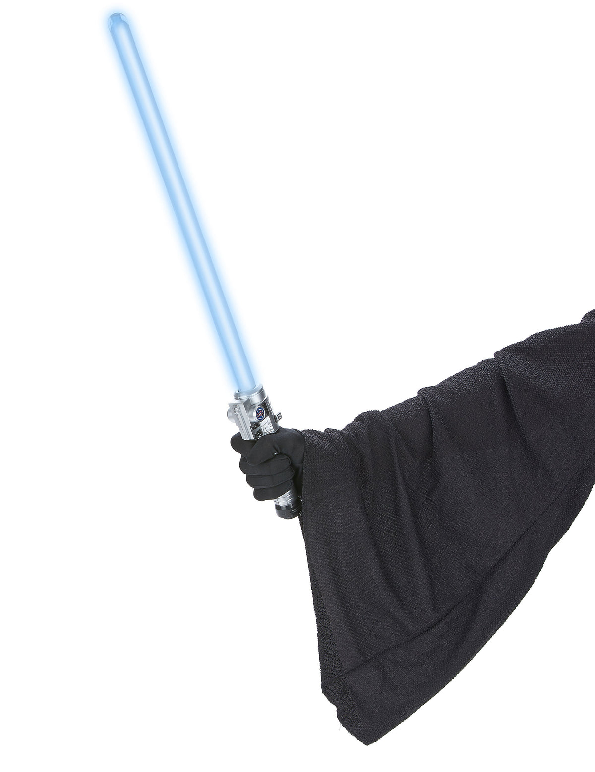 Gros plan de la lame bleue allumée du sabre lumineux et sonore en plastique pour enfant