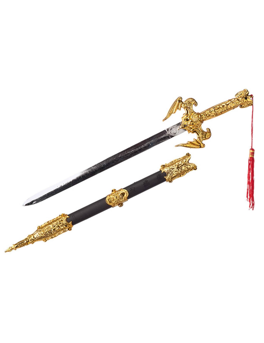 Sabre ninja para criança dourado com bainha preto e pompom vermelho