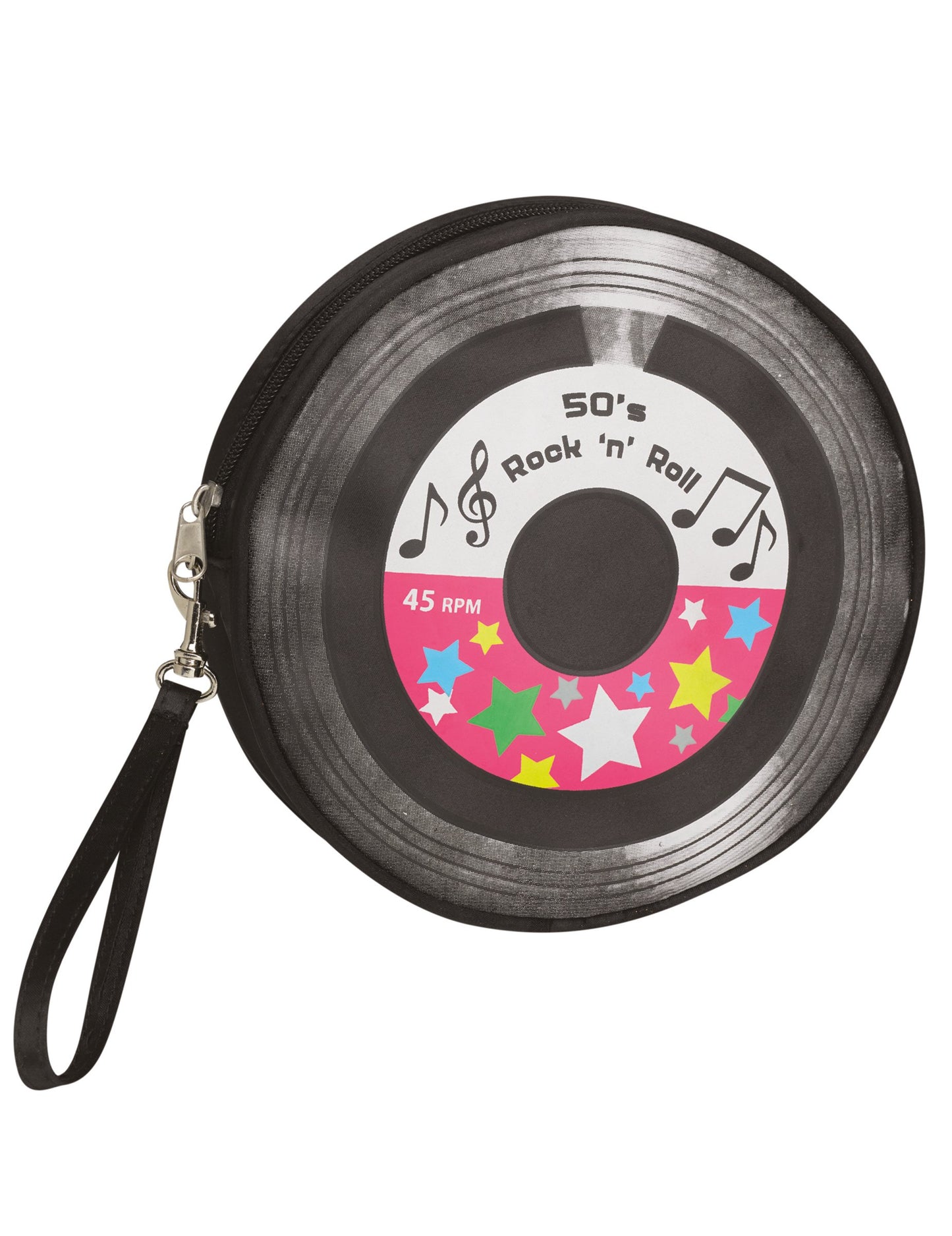 Sac 45 tours années 50 pour adulte noir en forme de disque vinyle avec étoiles colorées