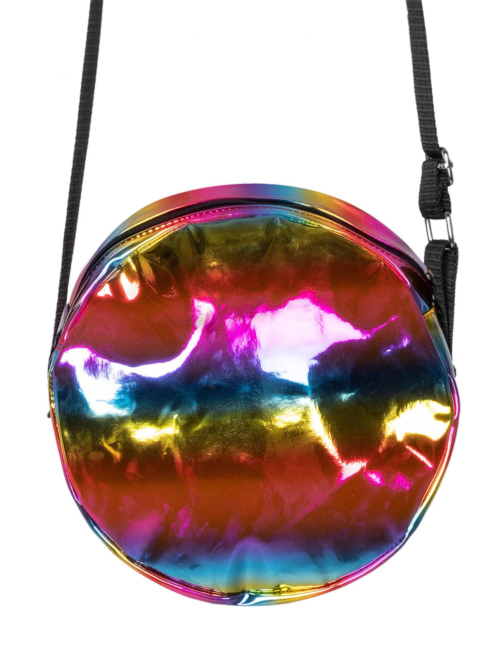 Gros plan sur la matière du sac à bandoulière rond holographique arc-en-ciel